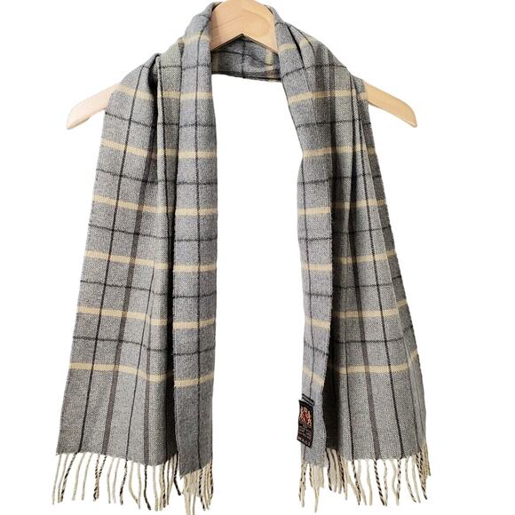 VTG 70s 80s Wool Scarf Gray Plaid Check Fringe Preppy Classic Tailored Grandpa - Picture 1 of 6